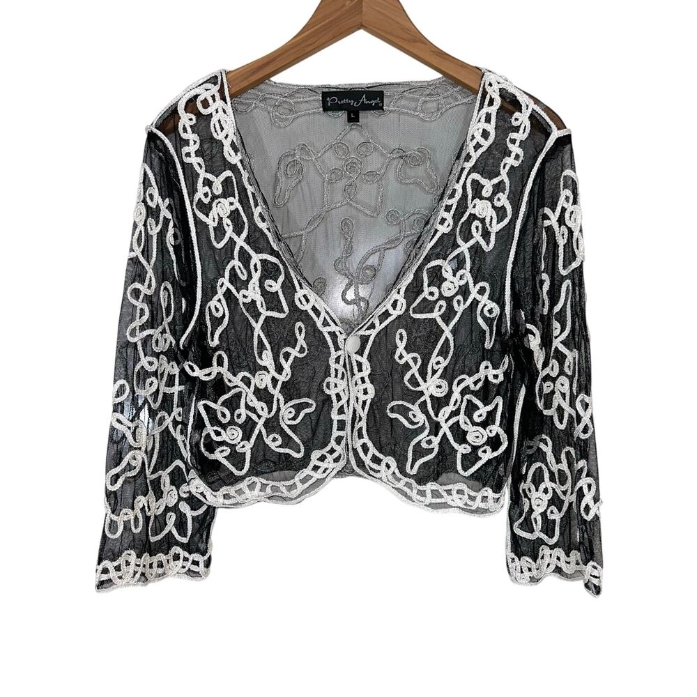 Pretty Angel Sheer Embroidered Mesh Black Bolero Y2K Whimsygoth Cardigan Size L